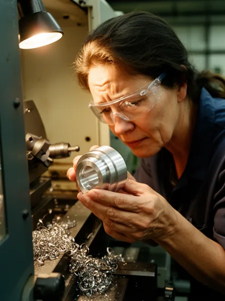 Engineer wearing safety goggles inspecting a metal component in a workshop with machinery and metal shavings under warm light.