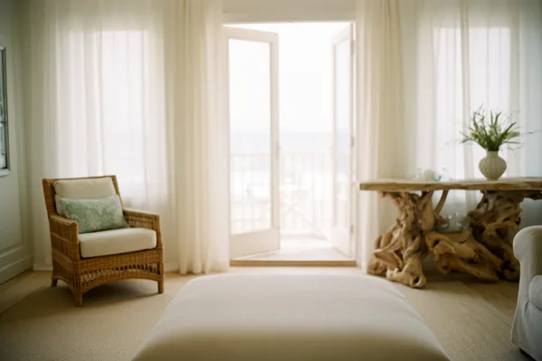 Coastal-themed living room with wicker chair, driftwood table, and open balcony doors under soft natural light.