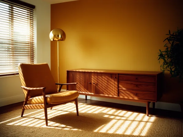 Mid-century modern living room with a leather armchair, wooden sideboard, and brass lamp, bathed in natural light through blinds.