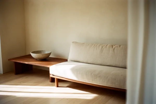 Minimalist living room with beige sofa and wooden side table with a ceramic bowl, lit by soft natural light.