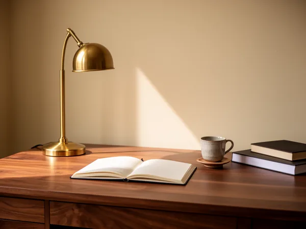 A wooden desk with an open notebook, brass lamp, ceramic mug, and books under warm lighting.