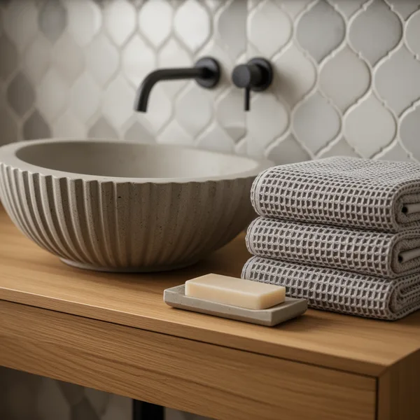 Modern bathroom vanity with a textured stone basin, black faucet, grey towels, and soap against patterned tiles in soft natural light.