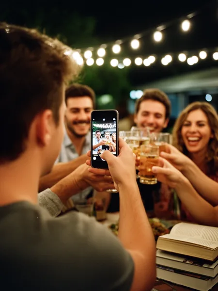 Group of friends taking a selfie while toasting with drinks at an outdoor party under string lights.