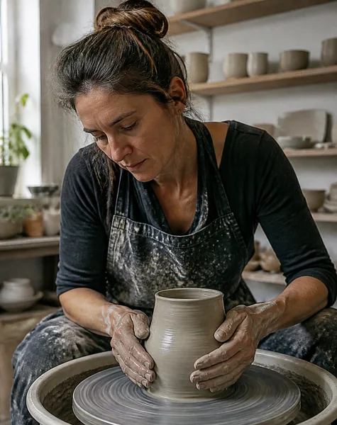 A woman shaping a clay pot on a pottery wheel in a studio with shelves of pottery in the background, lit by soft natural light.