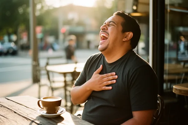 A man laughing with his hand on his chest at an outdoor cafe table with a cup of coffee, in warm sunlight.