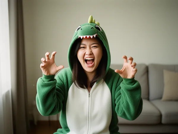 A woman in a green dinosaur onesie roaring playfully in a living room with a sofa in the background and soft lighting.
