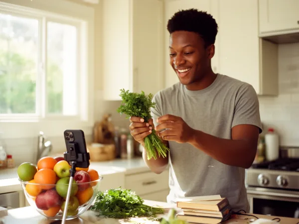 A young man in a gray shirt preparing herbs in a bright kitchen with a smartphone on a tripod and a bowl of fruits nearby.