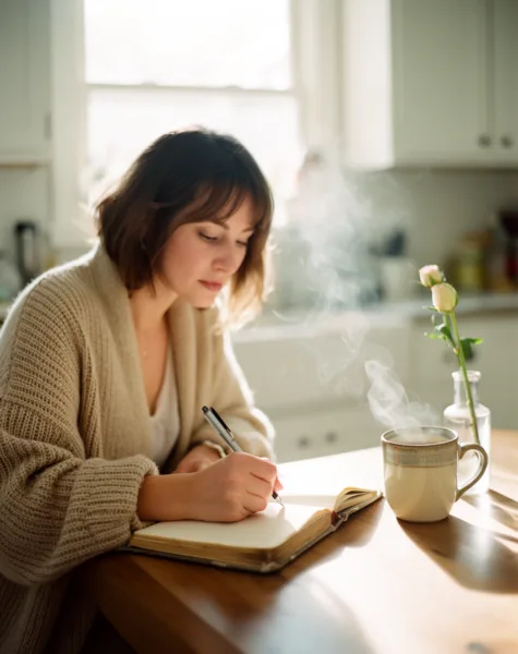 Woman in a knitted sweater writing in a journal at a table with a steaming cup of coffee and a rose in a vase, in a softly lit kitchen.