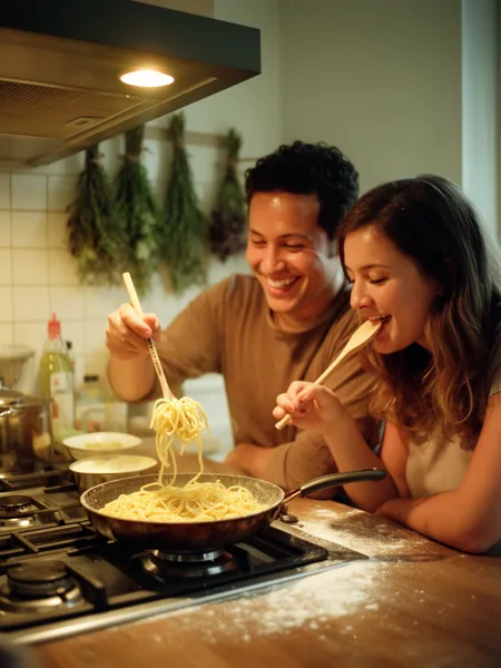 A couple happily cooking spaghetti in a warm, rustic kitchen with hanging herbs and a wooden countertop.