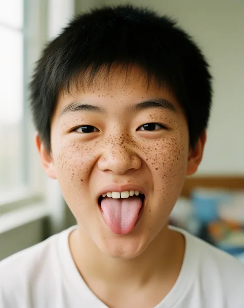 A young child with freckles and short dark hair sticking out their tongue in a playful manner indoors with natural light.