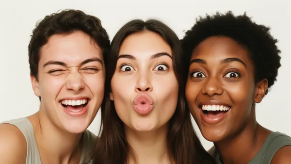 Three friends making funny faces with joyful expressions against a neutral background in soft lighting.