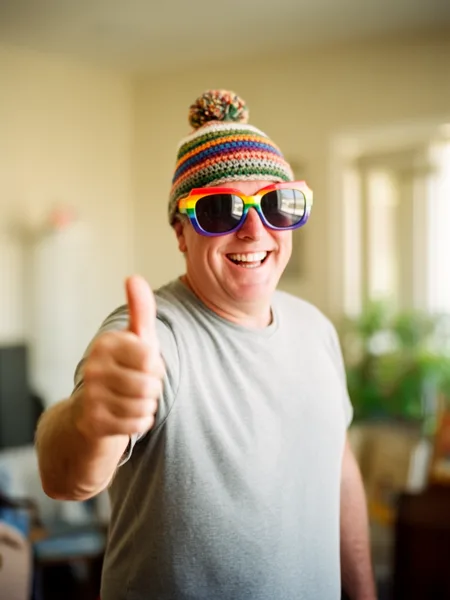 A smiling man wearing a colorful knit hat and rainbow sunglasses gives a thumbs-up indoors with soft natural lighting.
