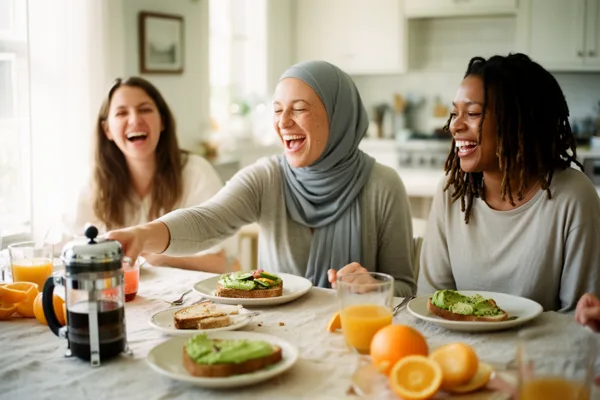 Three women laughing and enjoying breakfast with avocado toast and juice at a sunlit kitchen table.