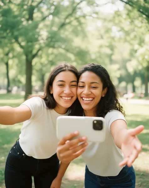 Two young women smiling and taking a selfie with a smartphone in a green park under bright natural light.