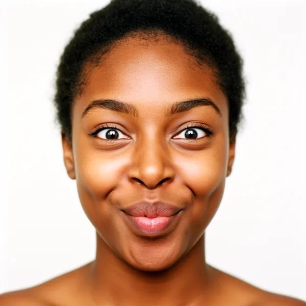 Close-up of a person with a joyful expression, wide eyes, and puckered lips against a white background with soft lighting.