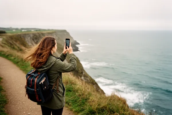 A woman with a backpack takes a photo with her smartphone on a coastal cliff under an overcast sky.