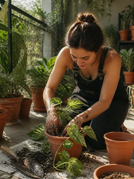 A woman with soil-covered hands is planting a green plant in a terracotta pot on a sunlit balcony surrounded by other potted plants.