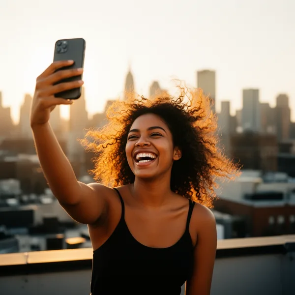 A smiling woman with curly hair takes a selfie on a rooftop with a city skyline in the background during golden hour lighting.