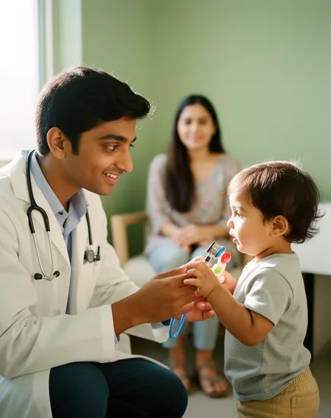 A pediatrician in a white coat interacts with a young child holding a toy, with a woman seated in the background in a softly lit medical office.