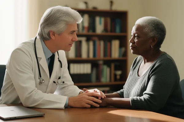 A doctor in a white coat holding hands with an elderly patient in an office setting, with a bookshelf in the background and soft lighting.