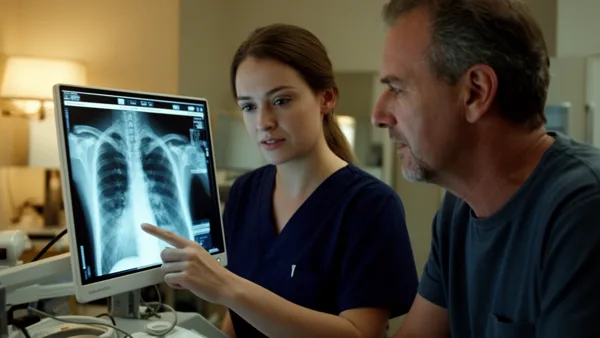 A medical professional in blue scrubs points at a chest X-ray on a computer monitor while discussing with a colleague in a softly lit office.
