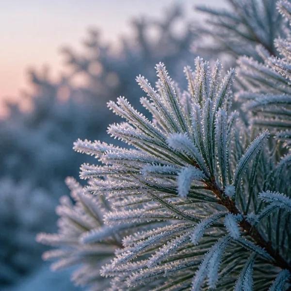 Close-up of frost-covered pine needles with a blurred background and soft sunrise light.