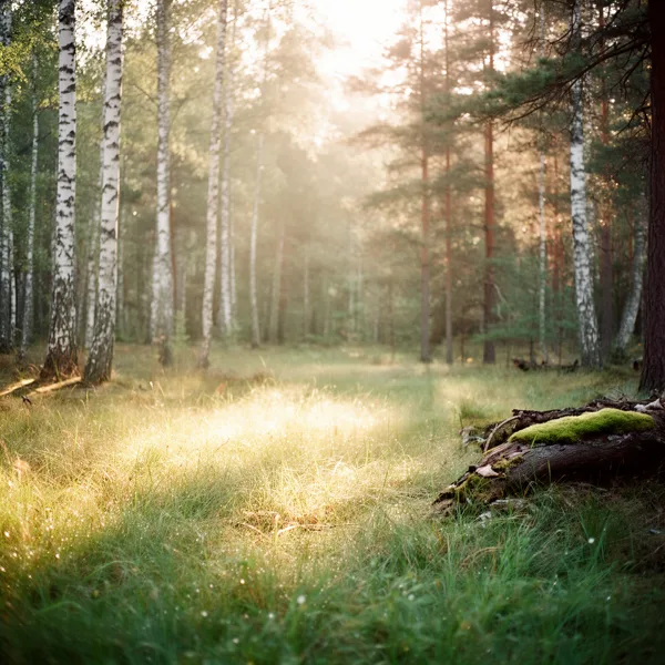 A sunlit forest clearing with birch trees and green grass, illuminated by soft golden light.