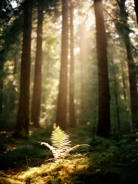 A single fern illuminated by sunlight in a dense forest with tall trees and a soft-focus green background.