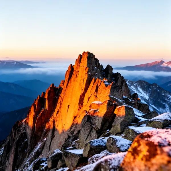 Jagged mountain peaks illuminated by the rising sun with snow and distant mountains under a clear sky.