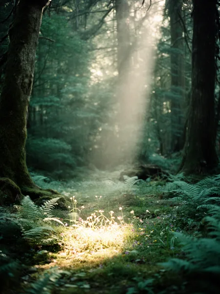 Sunbeam illuminating wildflowers and ferns on a forest floor, surrounded by dense trees with soft, dappled lighting.
