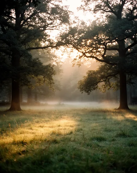 A forest clearing with tall trees and dewy grass, illuminated by soft morning sunlight, with mist in the background.