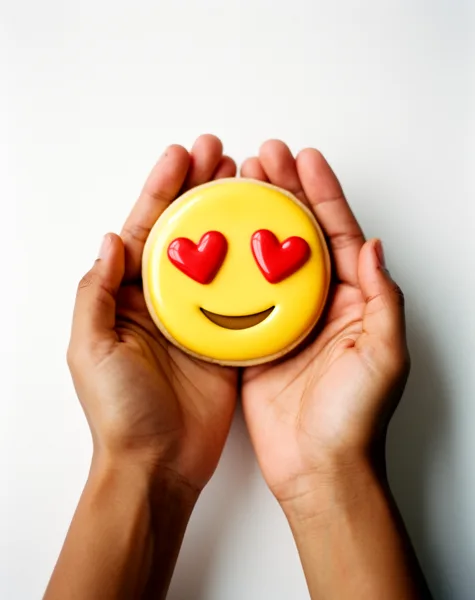 Two hands holding a yellow emoji cookie with heart-shaped eyes on a white background.