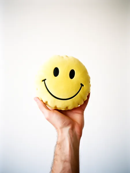 A hand holds a yellow smiley face pillow against a plain white background, creating a cheerful and minimalistic scene.