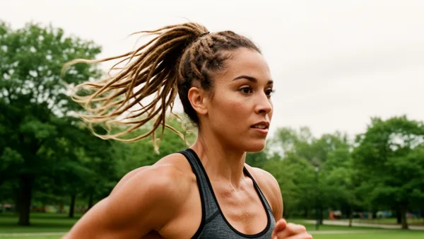 A female runner with dreadlocks running in a green park with trees in the background, captured in soft natural light.
