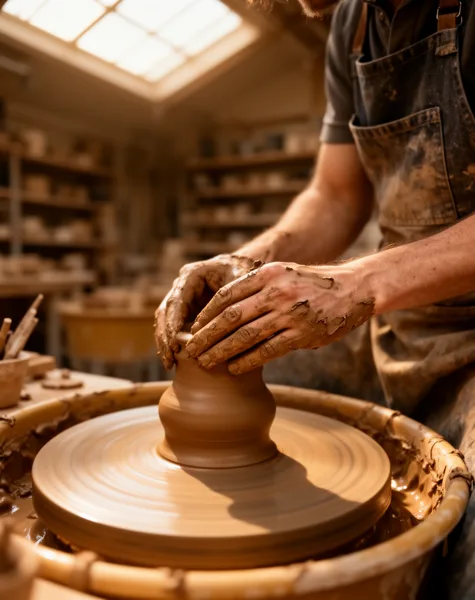 A potter's hands shaping a clay vessel on a spinning wheel in a warmly lit workshop.