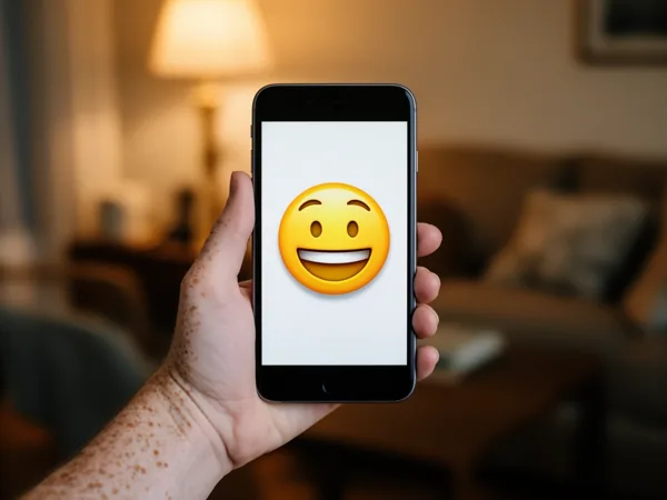A hand holding a smartphone displaying a smiling emoji in a warmly lit living room.