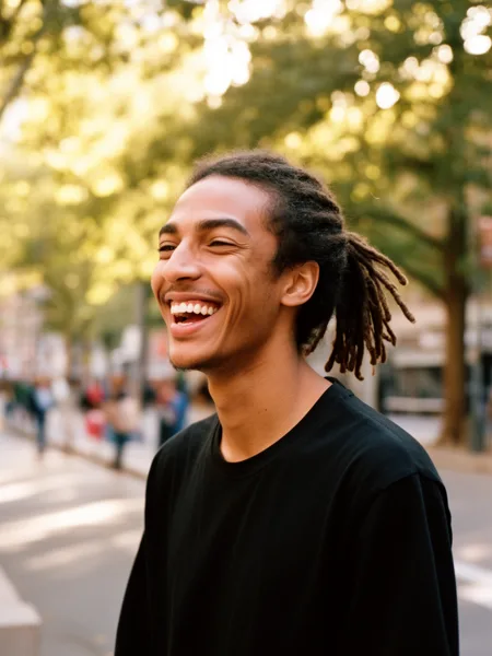 Young man with dreadlocks smiling broadly in a sunlit urban street with blurred trees and people in the background.