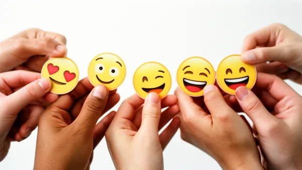Several hands holding different emoji faces against a white background with soft lighting.