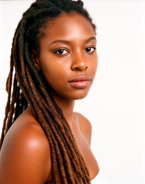 Close-up portrait of a woman with long dreadlocks against a white background, with soft lighting highlighting her features.