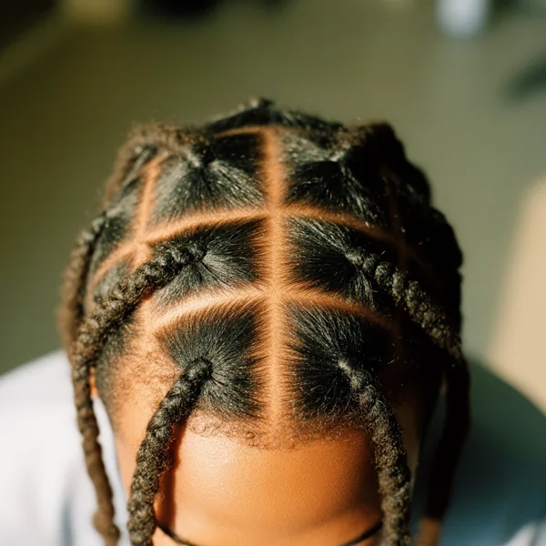 Close-up of a person's head with an intricate grid pattern of cornrow braids, under soft natural light.