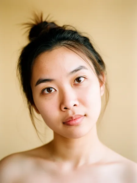 Close-up portrait of a young woman with a neutral expression, hair in a bun, against a beige background with soft lighting.