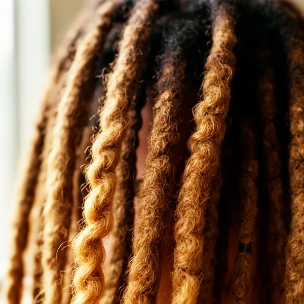 Close-up view of textured dreadlocks with natural color variations in soft natural light.