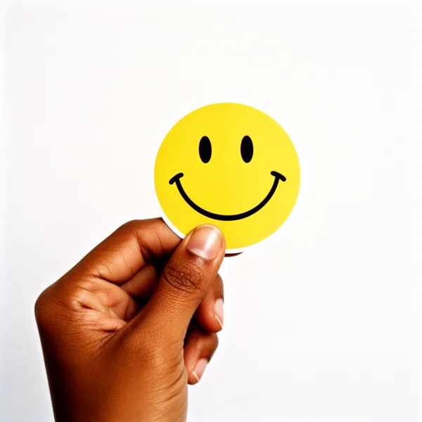 A hand holding a yellow smiley face sticker against a white background with bright lighting.