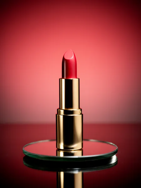 A red lipstick in a golden tube standing on a mirror with a red gradient background and soft lighting.