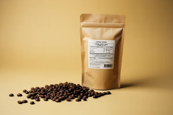 A kraft paper coffee bag with a label next to a pile of roasted coffee beans on a beige background with soft lighting.