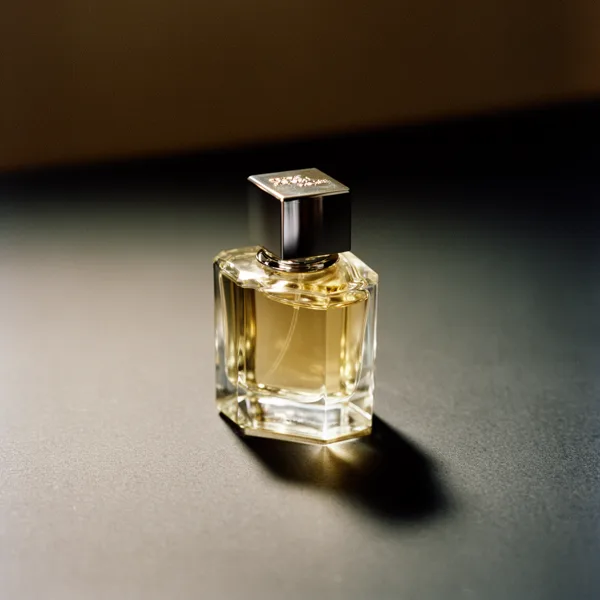 A square glass perfume bottle with a metallic cap on a dark surface, illuminated by soft ambient light.