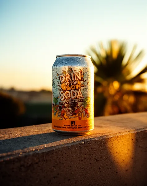 A soda can with colorful design on a concrete ledge with sunset lighting and a palm tree in the background.