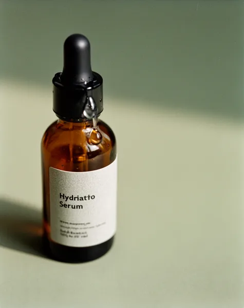 Amber dropper bottle labeled 'Hydriatto Serum' with a droplet on the dropper, placed on a green surface with soft lighting.