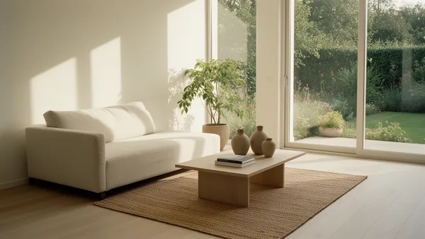 Modern living room with beige sofa, wooden coffee table, and large glass doors leading to a garden, illuminated by natural light.