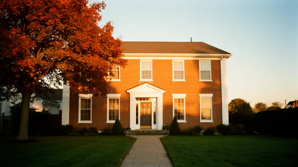 A brick Colonial house with white trim and a red-leaved tree in front, bathed in warm sunset light.